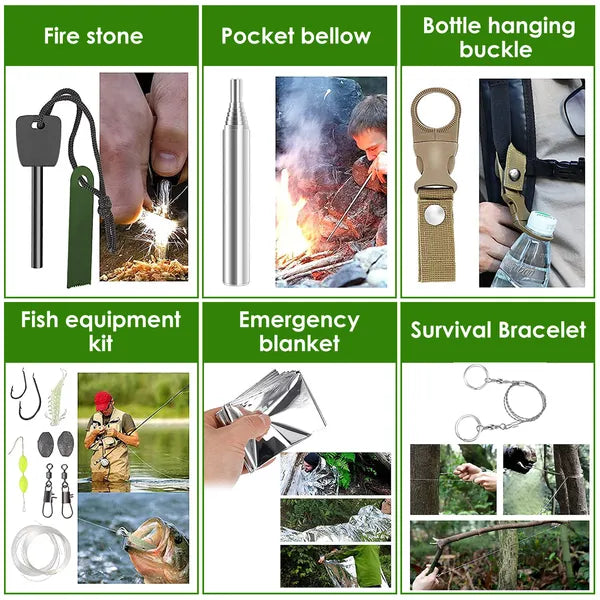 Emergency fire starter, pocket bellow, and survival blanket for outdoor safety.
