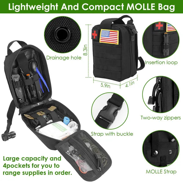 Compact and lightweight black MOLLE bag for tactical gear and first aid.