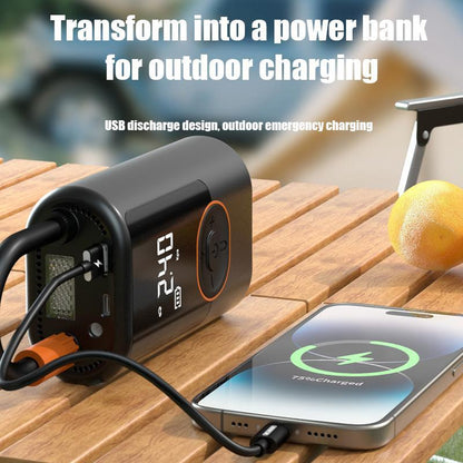 Multifunctional tire inflator being used as a power bank to charge a smartphone.