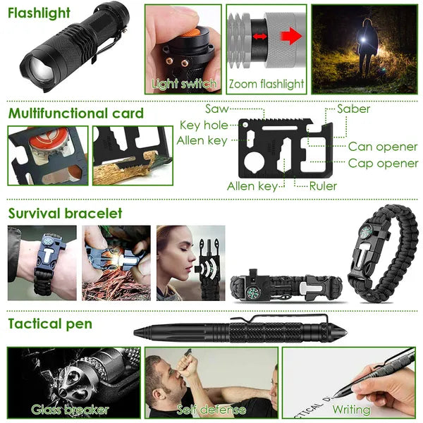 Tactical flashlight, survival bracelet, and multifunctional tool card.