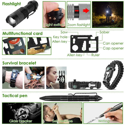 Tactical flashlight, survival bracelet, and multifunctional tool card.