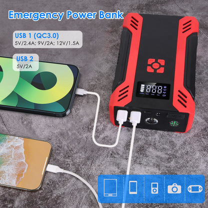 Close-up of the jump starter showing USB charging ports and integrated LED flashlight.