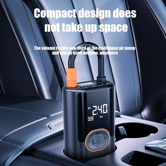 Compact air pump design that fits perfectly in a car cup holder for easy storage.
