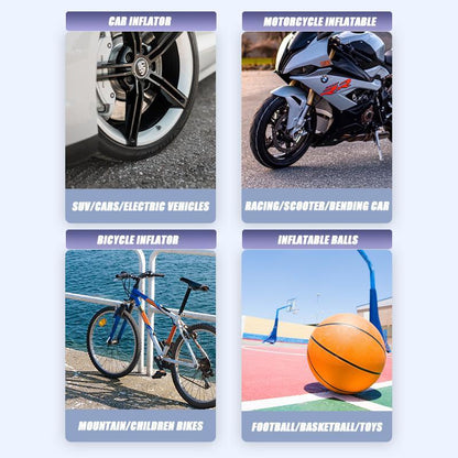 Versatile air inflator suitable for SUVs, racing motorcycles, mountain bikes, and inflatable toys.