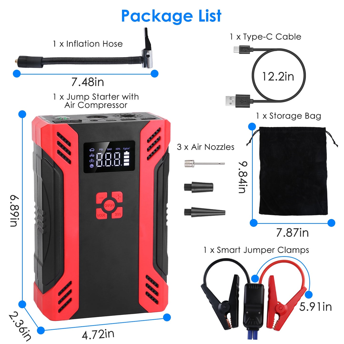 Complete ZORA portable jump starter kit with carrying case and accessories.