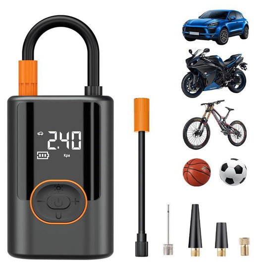 Portable digital tire inflator with multiple nozzles for cars, bikes, and sports balls.