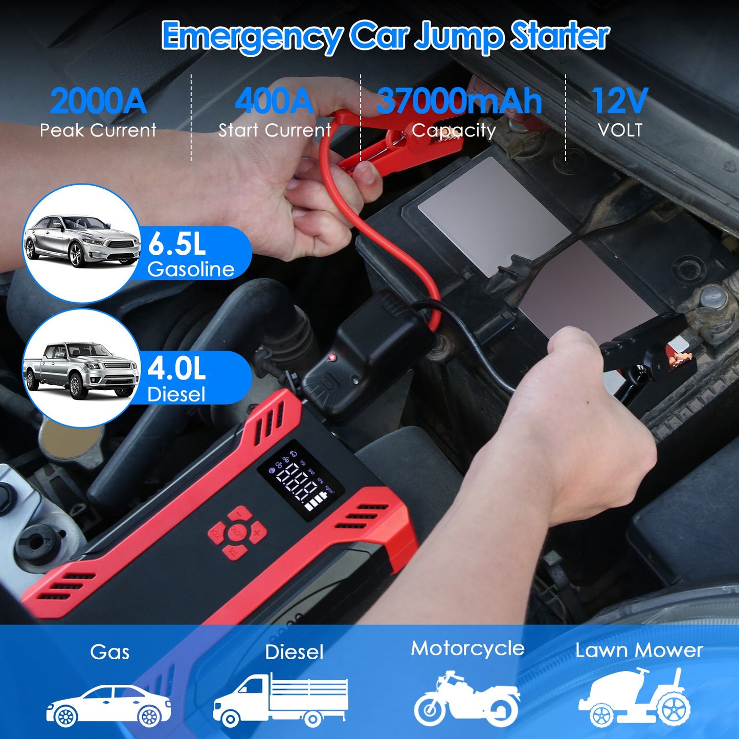 Compact car battery booster being used to start a vehicle in an emergency.
