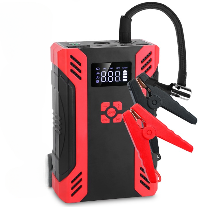 Powerful portable car jump starter with USB ports and digital display.