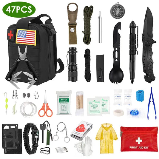 47-piece tactical survival kit with black MOLLE pouch and emergency tools.