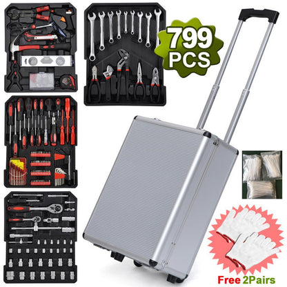 799-piece professional mechanic tool set in silver aluminum rolling case.