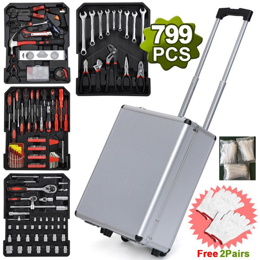799-piece professional mechanic tool set in silver aluminum rolling case.